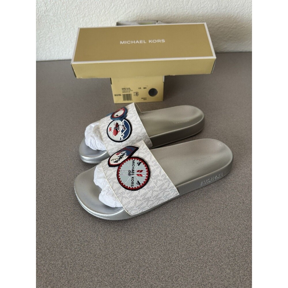 Michael Kors Penny Slide Logo Ski Patch Sandals Women’s Size 8M Bright White NIB